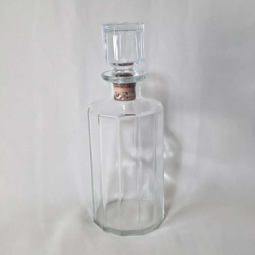 Vintage Bormioli Italy 12-Sided Faceted Dodecagonal Glass Decanter Cork Stopper